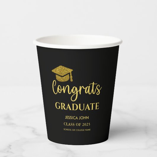 Zwart en Goud Congrats Afstuderen Afstuderen Papieren Bekers (Voorkant)