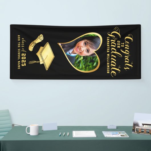 Zwart en Goud Congrats Afstuderen Foto Afstuderen Spandoek (Beurs)