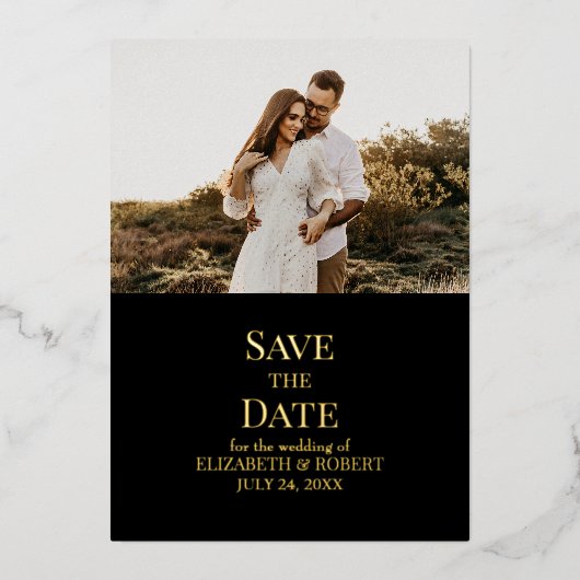 Zwart en Goud Custom Photo Save the Date Kaart (Voorkant)