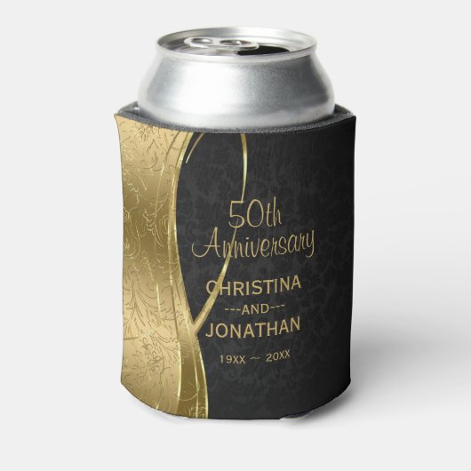 Zwart en Goud Damask- Bruiloft Jubileum Blikjeskoeler (Blikje Achterkant)