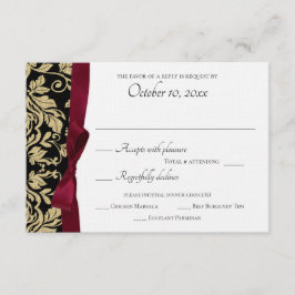 Zwart en goud Damask en Bourgondische Bow Response RSVP Kaartje