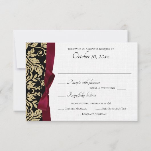 Zwart en goud Damask en Bourgondische Bow Response RSVP Kaartje (Voorkant)