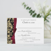 Zwart en goud Damask en Bourgondische Bow Response RSVP Kaartje (Staand voorkant)