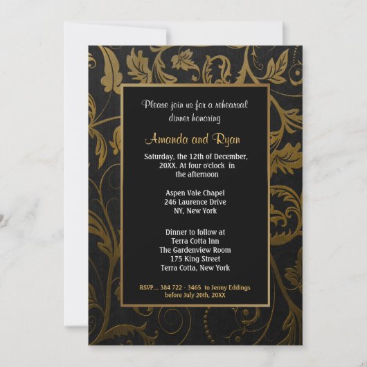 Zwart en goud Damask repetitie Dinner Invitation Kaart (Voorkant)