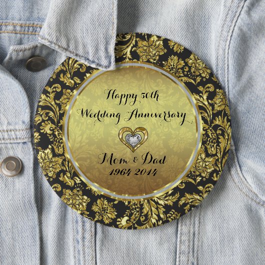 Zwart en Goud Damasks 50e bruiloft Jubileum Ronde Button 6,0 Cm (In situ)