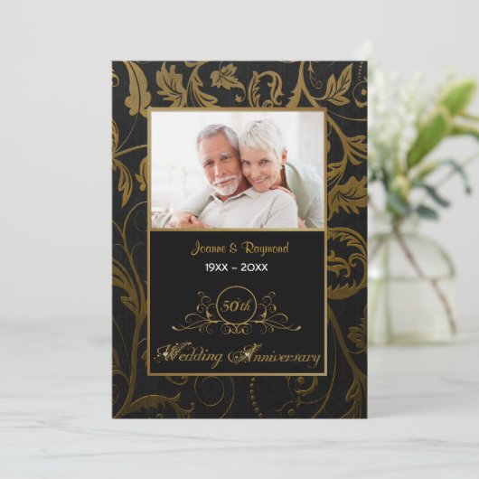 Zwart en goud damast 50ste huwelijksverjaardag kaart (Staand voorkant)