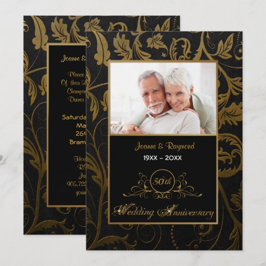 Zwart en goud damast 50ste huwelijksverjaardag kaart (Voorkant / Achterkant)
