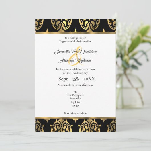 Zwart en goud damast bruiloft kaart (Staand voorkant)
