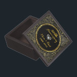 Zwart en goud damast en hart premium decoratie doosje<br><div class="desc">Eenvoudige elegante zwart en gouden damast met hart- gouden trouwdag</div>