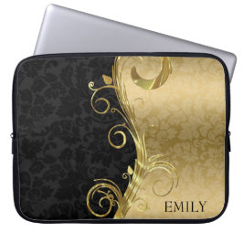Zwart en goud damast en wervelingen laptop sleeve