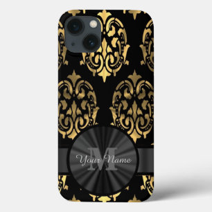 Zwart en goud damast gepersonaliseerd monogram Case-Mate iPhone case