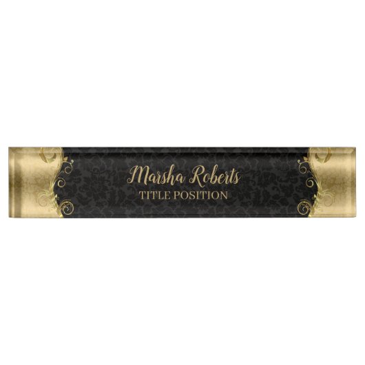 Zwart en goud damast met wervelingen naambordje (Voorkant)