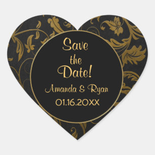 Zwart en Goud Damast - Save the Date - Aanpassen Hart Sticker