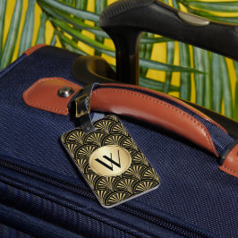 Zwart en goud deco fan monogrammed bagagelabel