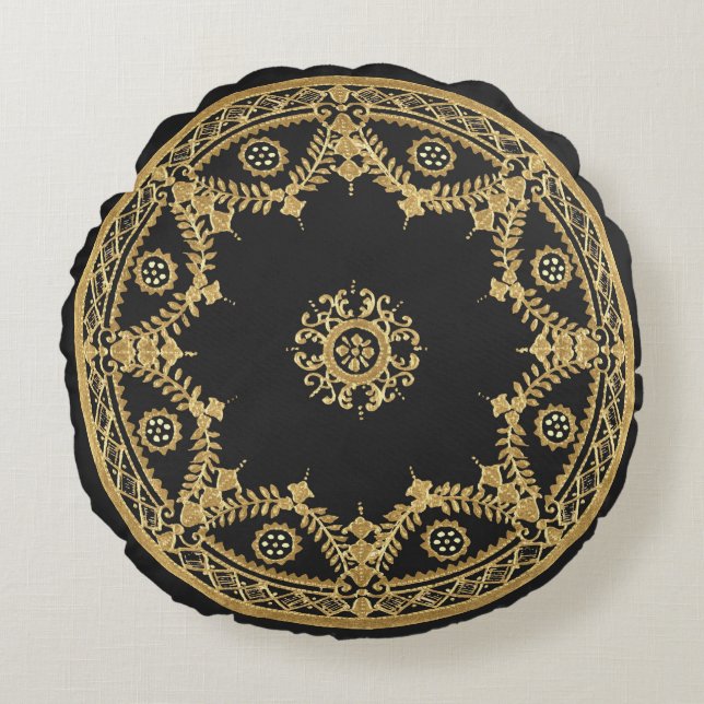 Zwart en goud decoratief ontwerp rond kussen (Voorkant)
