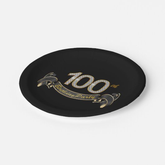 Zwart en goud diamant 100ste verjaardagsfeest papieren bordje (Gekanteld)