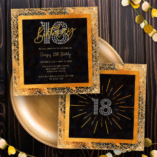 Zwart en Goud Diamant Glitter 18e Verjaardagsfeest Kaart