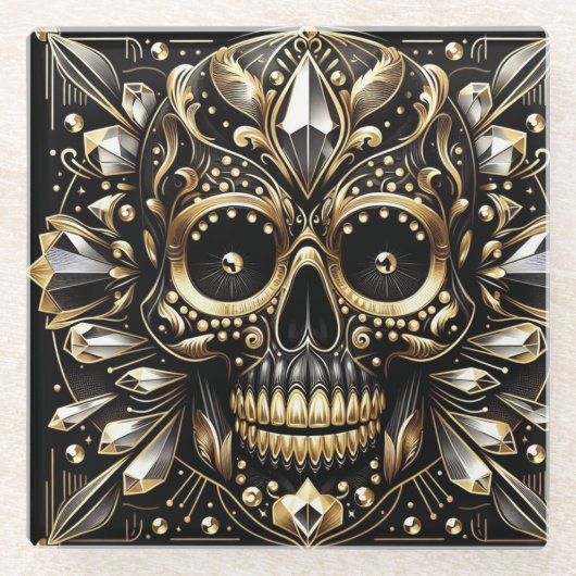 Zwart en Goud Diamond Skull Onderzetter (Voorkant)