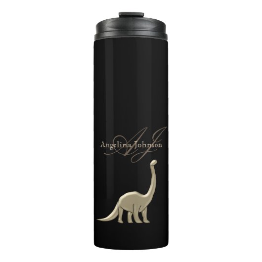 Zwart en Goud Dinosaur Silhouet Monogram Naam Thermosbeker (Voorkant)