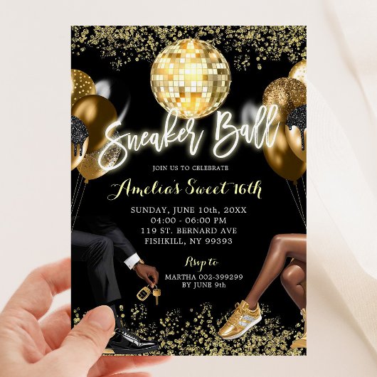 Zwart en Goud Disco Sneaker Ball Verjaardag Kaart