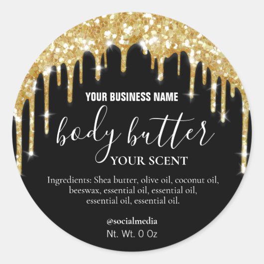 Zwart en goud druppelen glitter body boter labels (Voorkant)