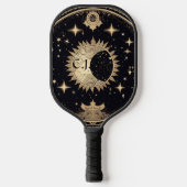 Zwart en Goud Eerie Gotische Zon Maan Monogram Pickleball Paddle (Voorkant)