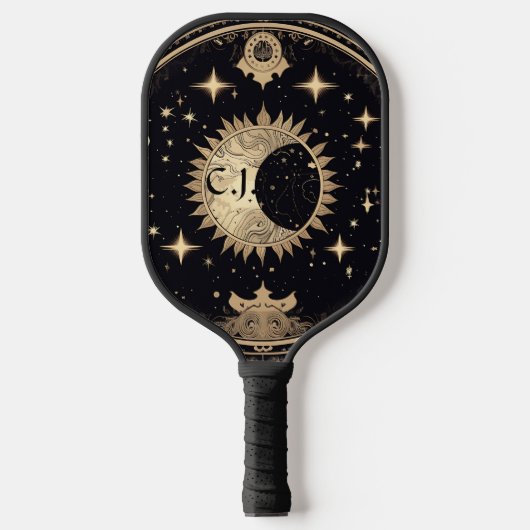 Zwart en Goud Eerie Gotische Zon Maan Monogram Pickleball Paddle (Voorkant)