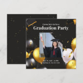 Zwart en Goud Elegant Afstuderen Invitation Kaart (Voorkant / Achterkant)