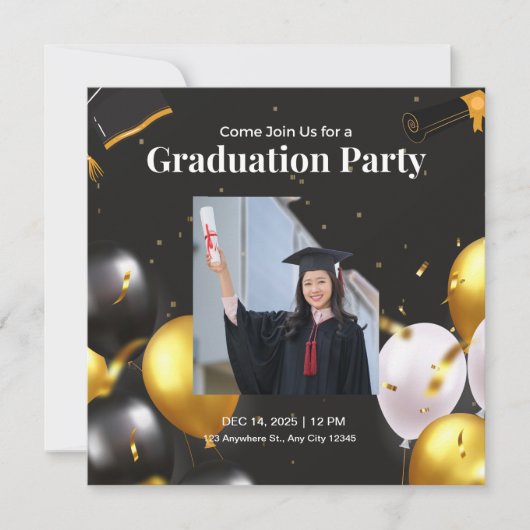 Zwart en Goud Elegant Afstuderen Invitation Kaart (Voorkant)