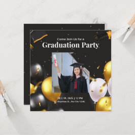 Zwart en Goud Elegant Afstuderen Invitation Kaart