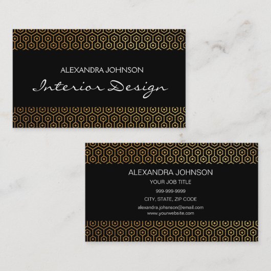 Zwart en goud Elegant Art Deco Interieurontwerp Visitekaartje (Voorkant / Achterkant)