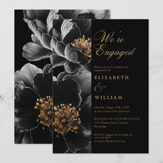 Zwart en goud Elegant Bloemen Verlovingsfeest Kaart (Voorkant / Achterkant)
