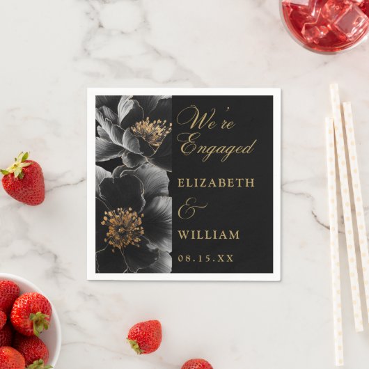 Zwart en goud Elegant Bloemen Verlovingsfeest Servet (Insitu)