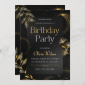 Zwart en goud elegant bloemengeboorte uitnodiging (Voorkant / Achterkant)