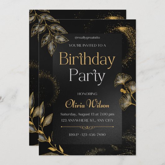 Zwart en goud elegant bloemengeboorte uitnodiging (Voorkant / Achterkant)
