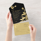 Zwart en goud elegant botanisch huwelijk all in one uitnodiging (Afscheurbaar)