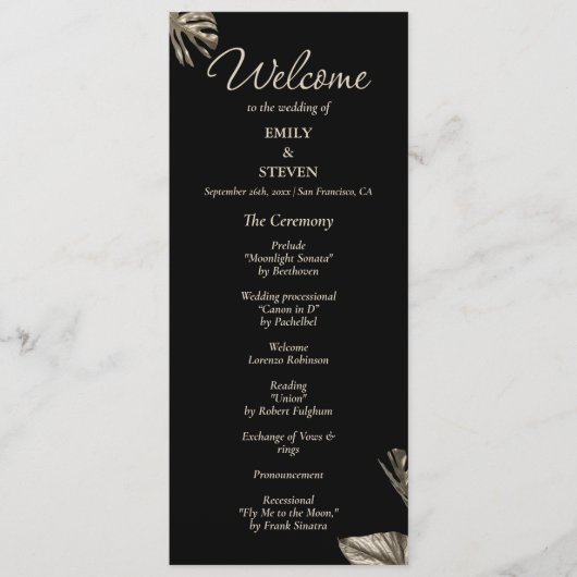 Zwart en goud elegant botanisch huwelijksprogramma programmakaart (Voorkant)