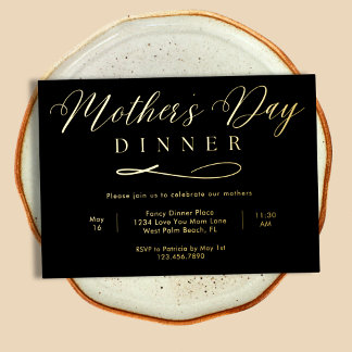 Zwart en goud elegant fancy Moederdag diner Folie Uitnodiging