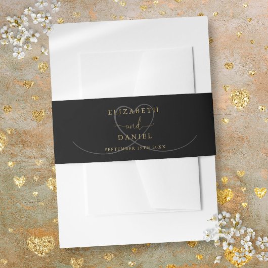 Zwart en Goud Elegant Hart Bruiloft Uitnodigingen Wikkel