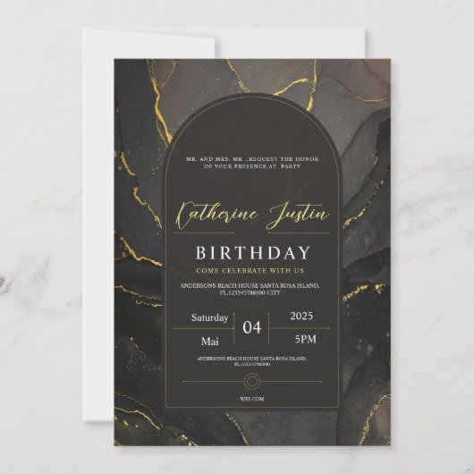Zwart en goud elegant luxe chic marmeren feest kaart (Voorkant)