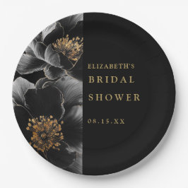 Zwart en goud elegant modern bloemend bruidsfeest papieren bordje