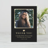 Zwart en Goud Elegant Modern Photo Afstuderen Bedankkaart (Staand voorkant)