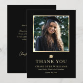 Zwart en Goud Elegant Modern Photo Afstuderen Bedankkaart (Voorkant / Achterkant)