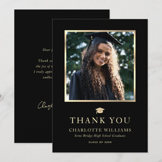 Zwart en Goud Elegant Modern Photo Afstuderen Bedankkaart (Voorkant / Achterkant)