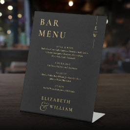 Zwart en goud Elegant Monogram Bar Menu Reclamebord Met Voetstuk