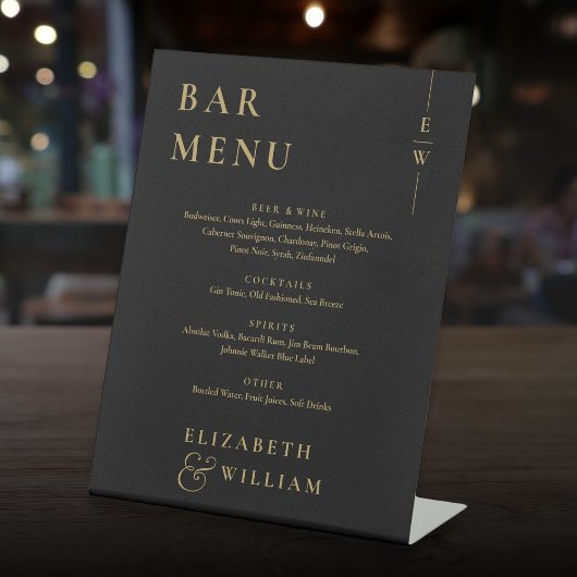 Zwart en goud Elegant Monogram Bar Menu Reclamebord Met Voetstuk