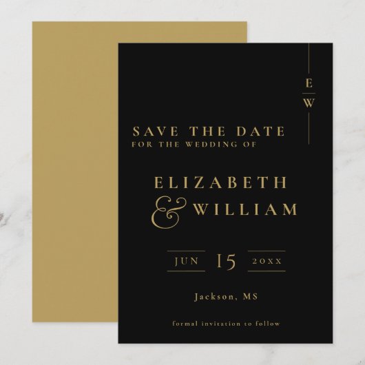 Zwart en goud Elegant Monogram Huwelijk Save The Date (Voorkant / Achterkant)