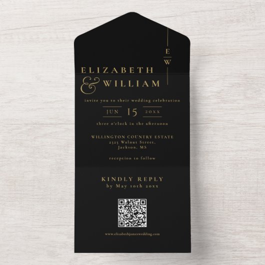 Zwart en goud Elegant Monogram QR Code Huwelijk All In One Uitnodiging (Binnen)