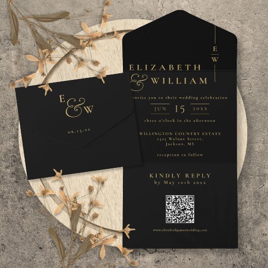 Zwart en goud elegant monogram QR-code trouwfeest All In One Uitnodiging