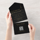 Zwart en goud elegant monogram QR-code trouwfeest All In One Uitnodiging (Afscheurbaar)